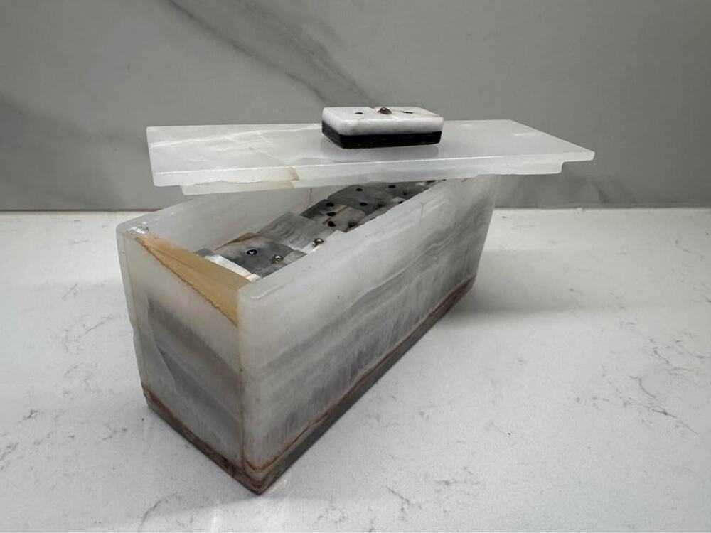 Vintage Carrara Marble Onyx Domino Set 28 double-six tiles & Casket lidded box